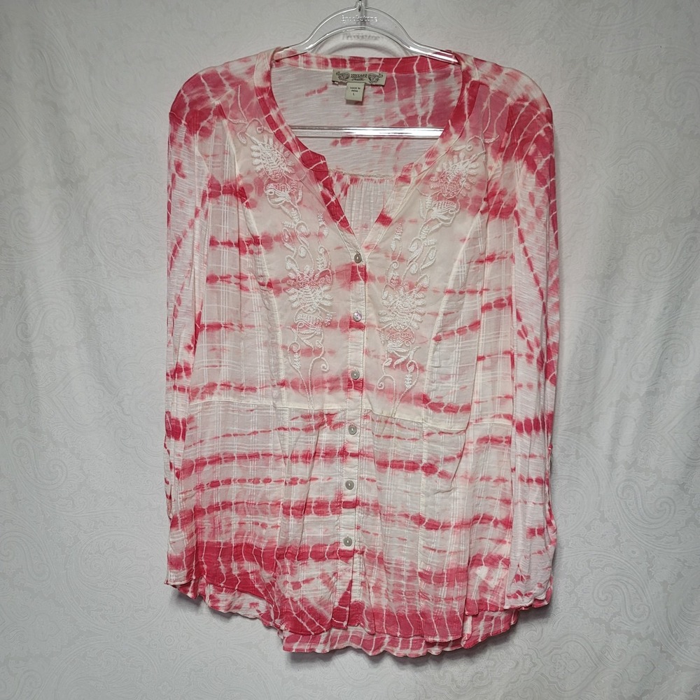 Vintage America Blues pink and white tye dye tunic with Crocheted chest size L